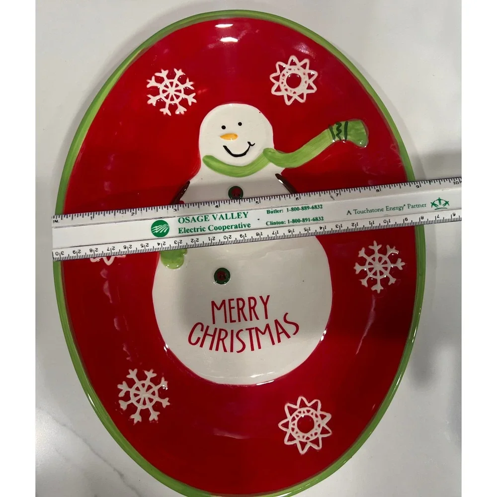DEI Christmas Snowman Ceramic Serving Platter with Metal Display Stand Red 12in